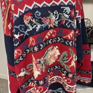 Vibrant Floral Knit Sweater in Red and Blue